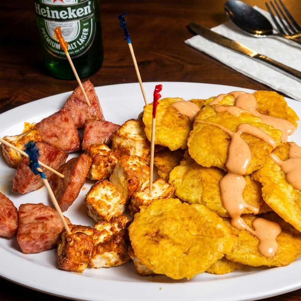 A plate of fried plantains with sauce, fried cheese, and sausage, with a Heineken bottle.