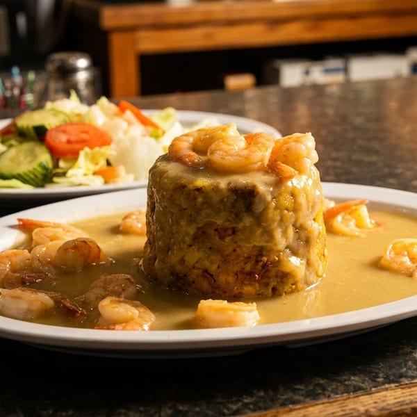 Mofongo with shrimp in a creamy sauce, served with a side salad on a dark countertop.
