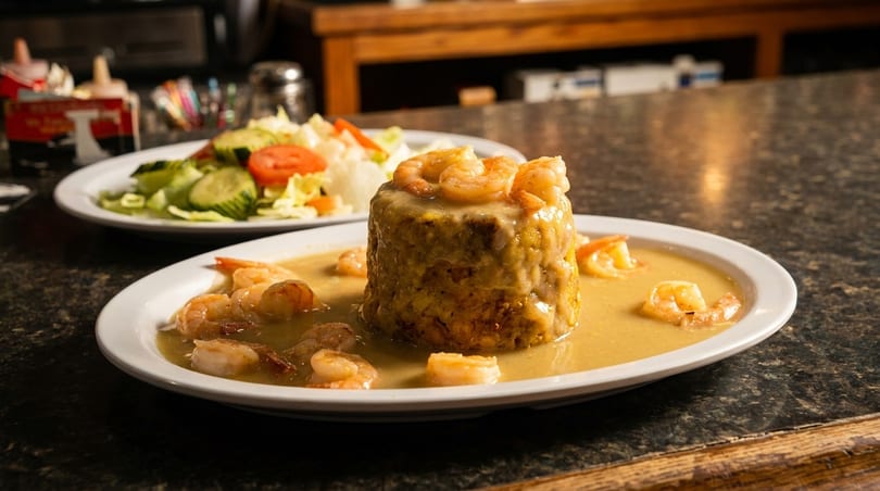 Mofongo with shrimp in a creamy sauce, served with a side salad on a dark countertop.
